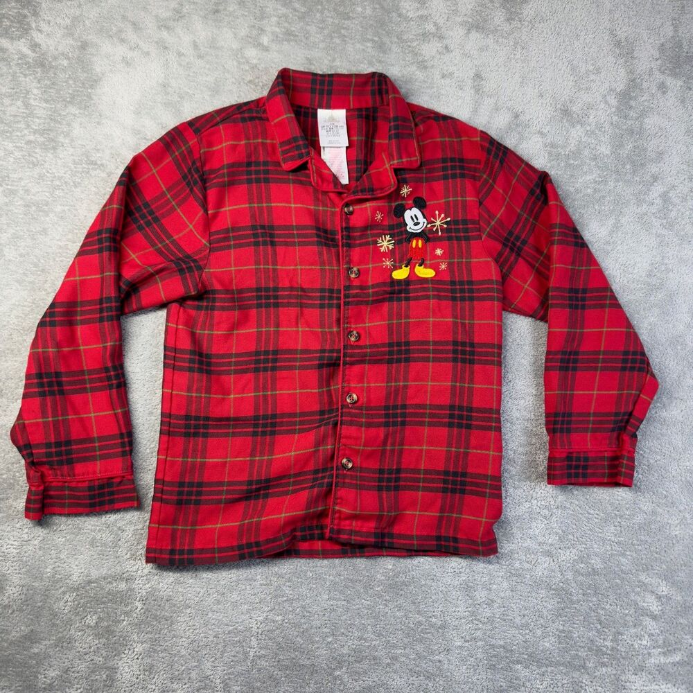 Disney Pajama Shirt Kids 7/8 Red Mickey Mouse Flannel Shirt Button Down Top Cute